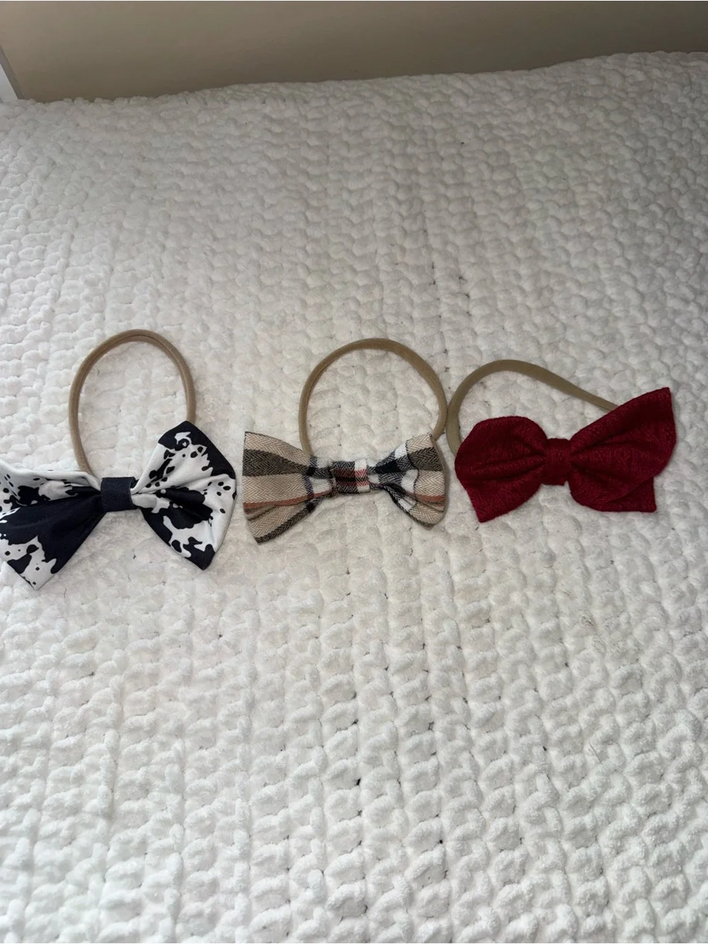 Set of 3 Kids Bow Headbands - Red, Black & White, Tan Plaid